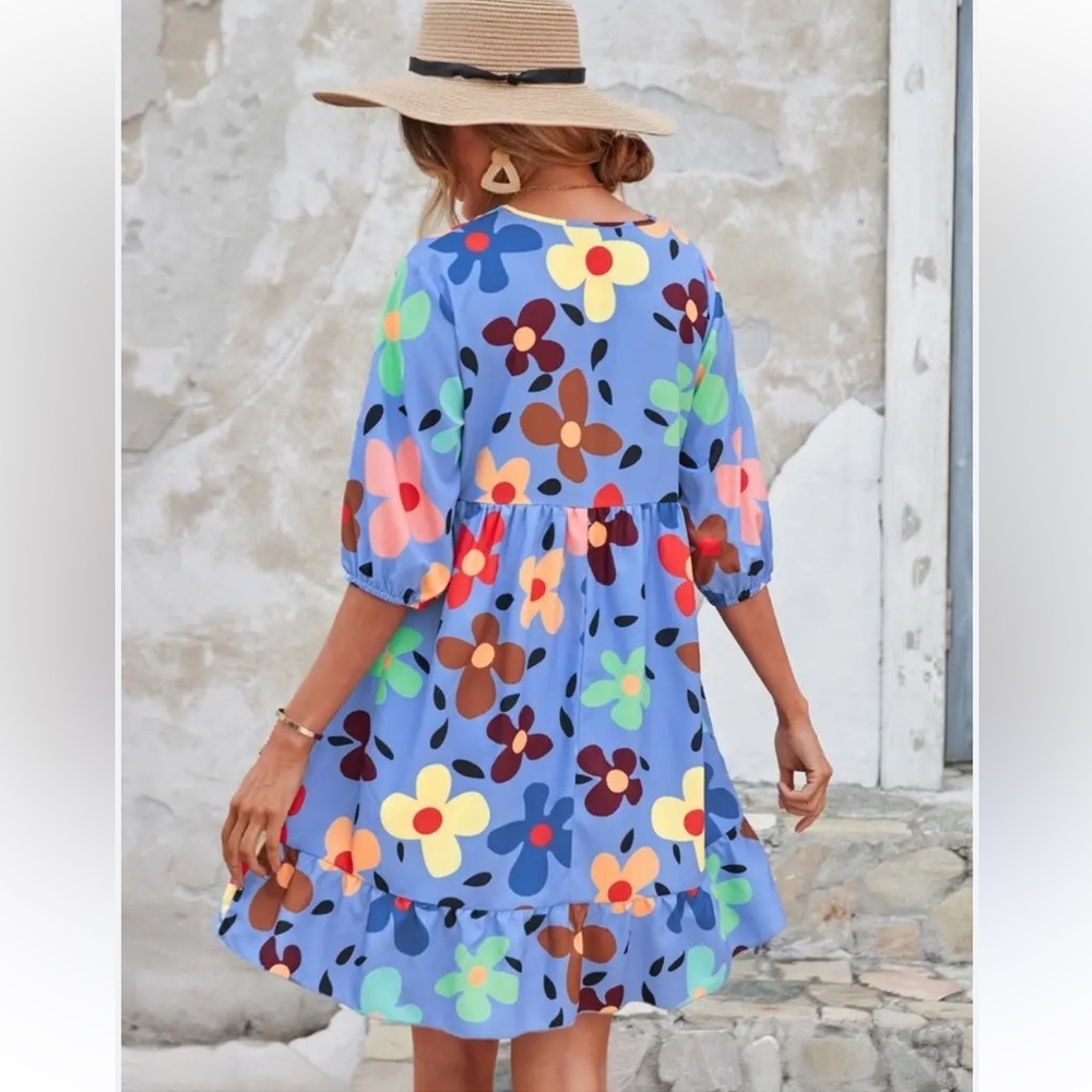 Bright Floral Blue Dress/Beach Cover, Sz L - Picture 2 of 8